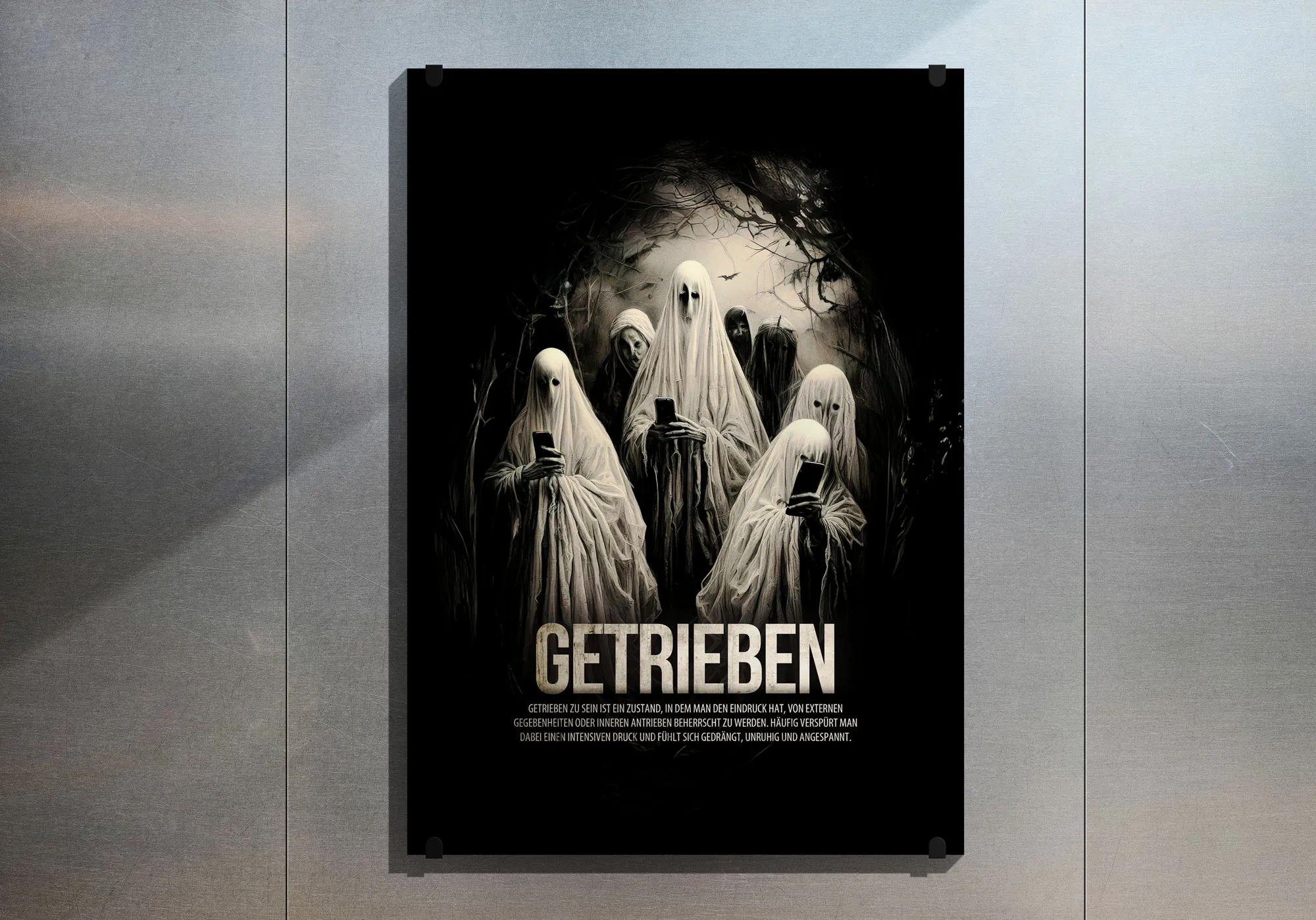 Kreatives Plakatdesign mit Illustration und Typografie für die Kampagne Getrieben